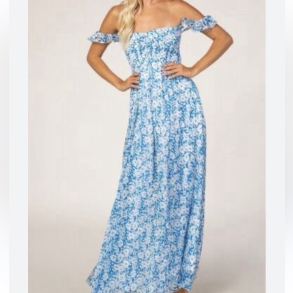 Aakaa Blue Floral Maxi Dress Off Shoulder Smocked Boho Dress Size M